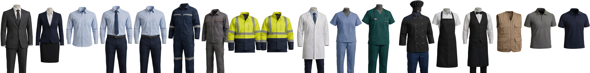 Linha completa de uniformes Império Confecção: social, operacional, EPI, hospitalar, gastronomia e corporativo