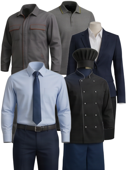 Uniformes profissionais da Império Confecção: jaleco operacional, polo, linha social, camisa social e dólmã de gastronomia